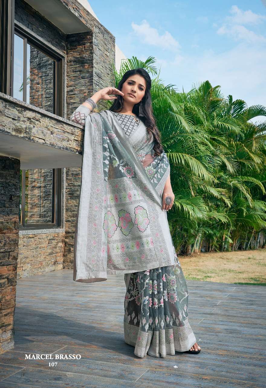 MARCAL BRASSO BY APPLE 101 TO 108 SERIES INDIAN TRADITIONAL WEAR COLLECTION BEAUTIFUL STYLISH FANCY COLORFUL PARTY WEAR & OCCASIONAL WEAR BRASSO SAREES AT WHOLESALE PRICE