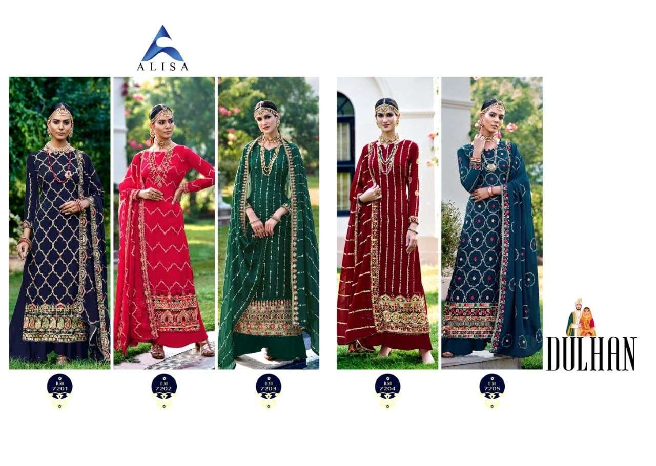DULHAN BY ALISA 7201 TO 7205 SERIES BEAUTIFUL STYLISH SHARARA SUITS FANCY COLORFUL CASUAL WEAR & ETHNIC WEAR & READY TO WEAR FAUX GEORGETTE DRESSES AT WHOLESALE PRICE