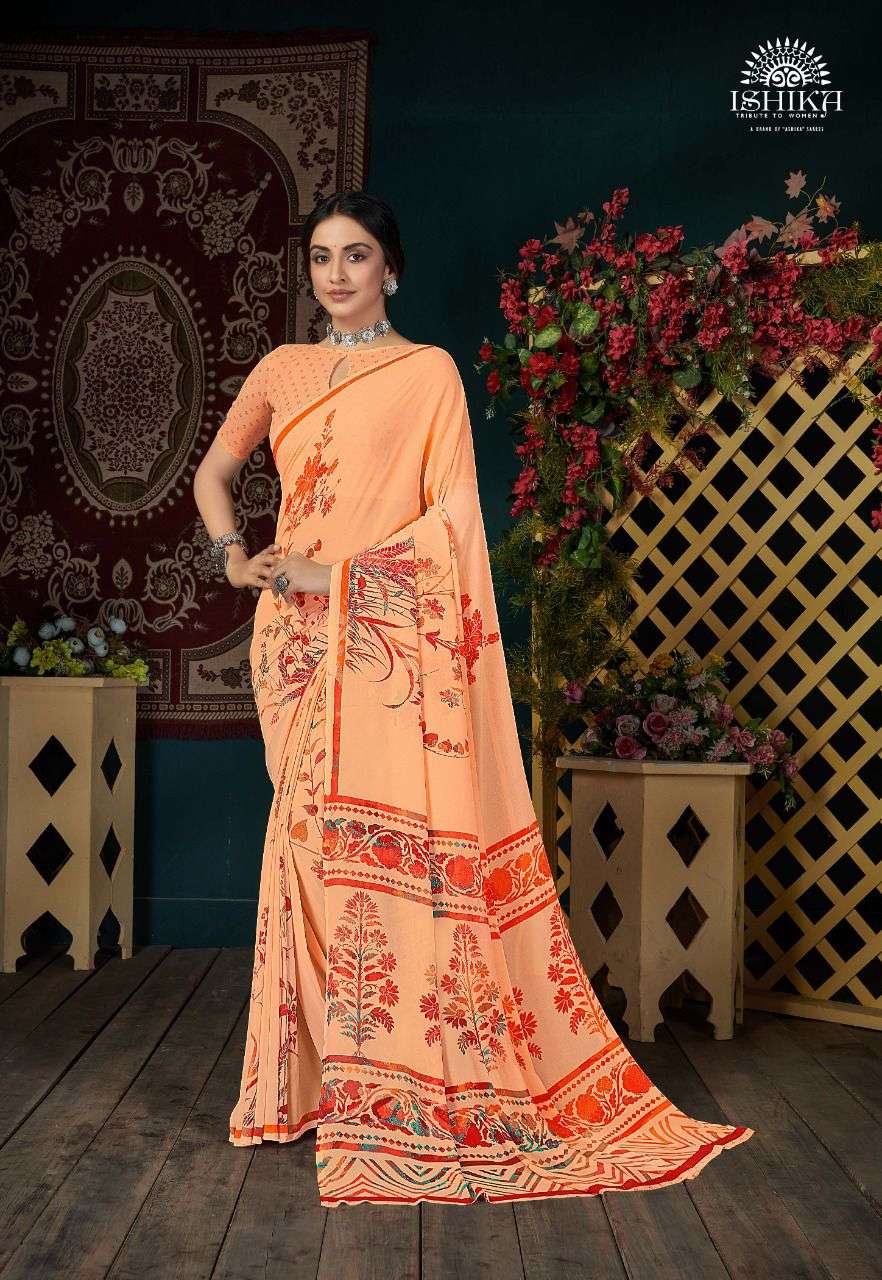 MEHREEN BY ISHIKA FASHION 8191 TO 8198 SERIES INDIAN TRADITIONAL WEAR COLLECTION BEAUTIFUL STYLISH FANCY COLORFUL PARTY WEAR & OCCASIONAL WEAR FAUX GEORGETTE SAREES AT WHOLESALE PRICE