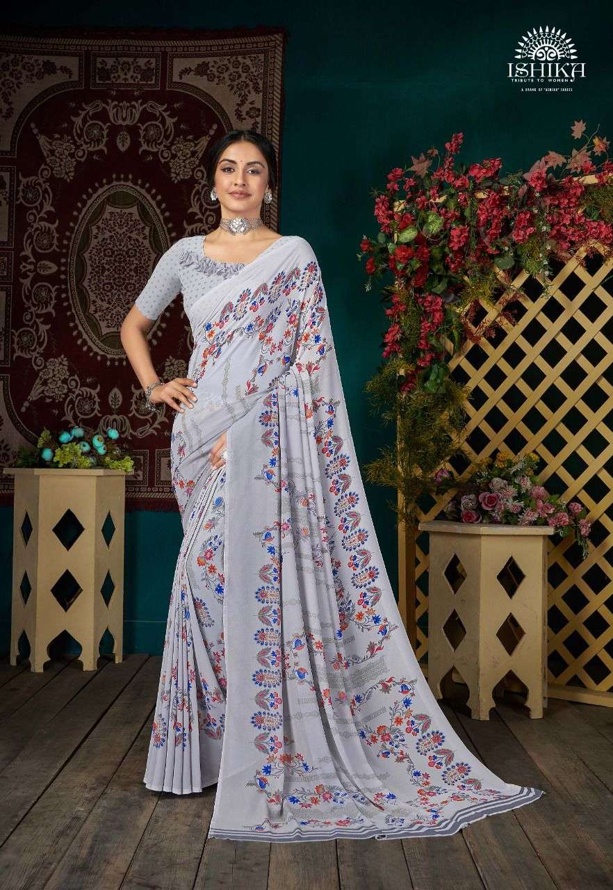 MEHREEN BY ISHIKA FASHION 8191 TO 8198 SERIES INDIAN TRADITIONAL WEAR COLLECTION BEAUTIFUL STYLISH FANCY COLORFUL PARTY WEAR & OCCASIONAL WEAR FAUX GEORGETTE SAREES AT WHOLESALE PRICE