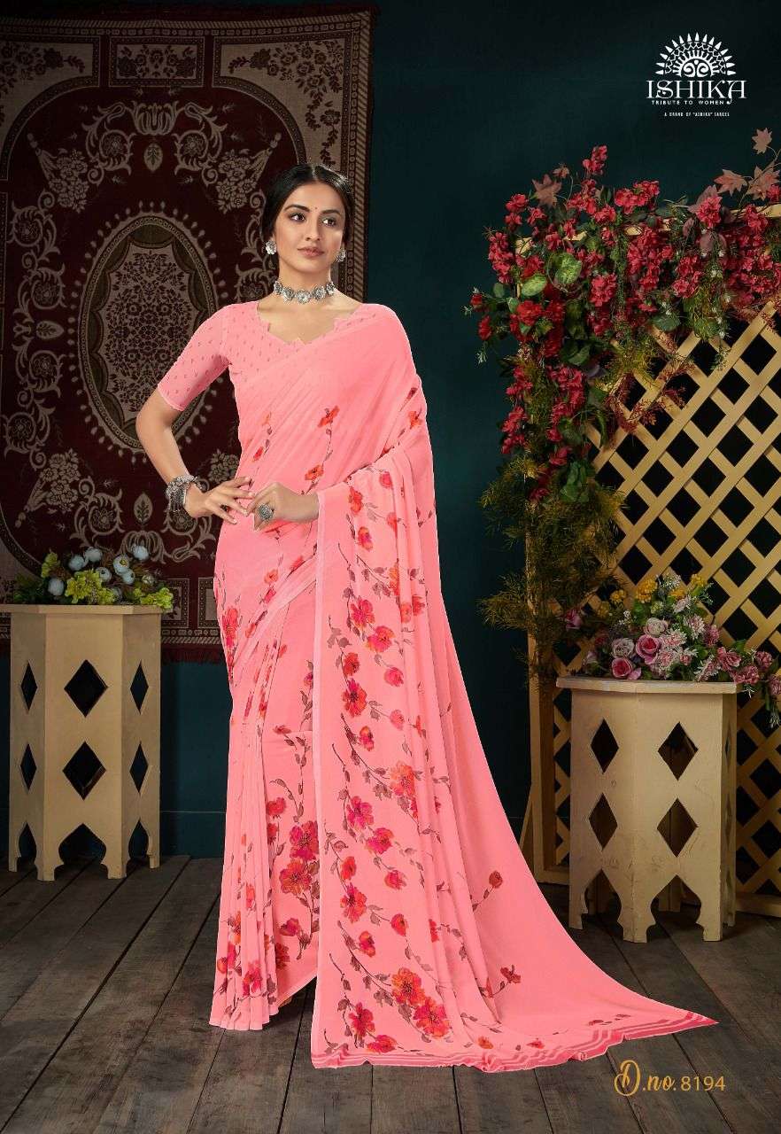 MEHREEN BY ISHIKA FASHION 8191 TO 8198 SERIES INDIAN TRADITIONAL WEAR COLLECTION BEAUTIFUL STYLISH FANCY COLORFUL PARTY WEAR & OCCASIONAL WEAR FAUX GEORGETTE SAREES AT WHOLESALE PRICE