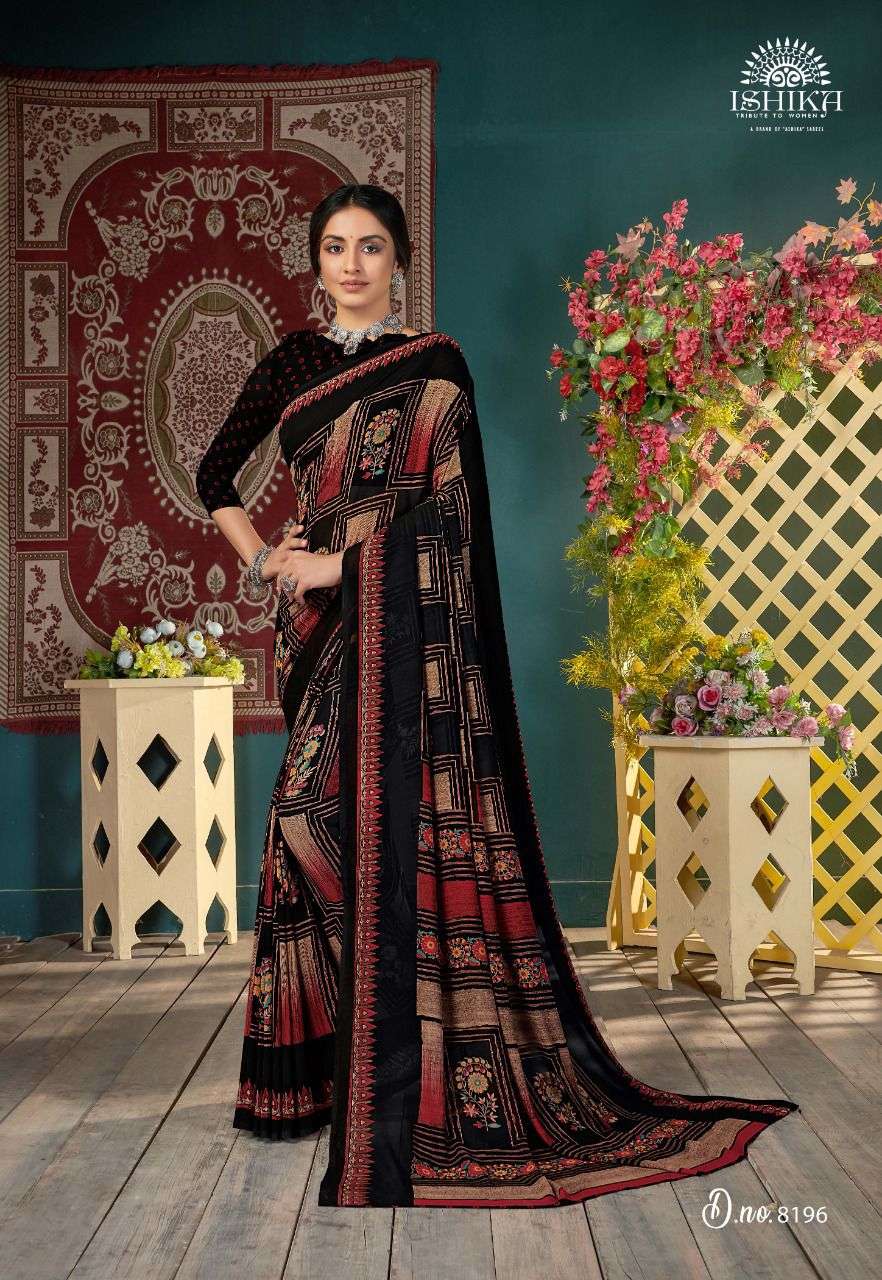 MEHREEN BY ISHIKA FASHION 8191 TO 8198 SERIES INDIAN TRADITIONAL WEAR COLLECTION BEAUTIFUL STYLISH FANCY COLORFUL PARTY WEAR & OCCASIONAL WEAR FAUX GEORGETTE SAREES AT WHOLESALE PRICE