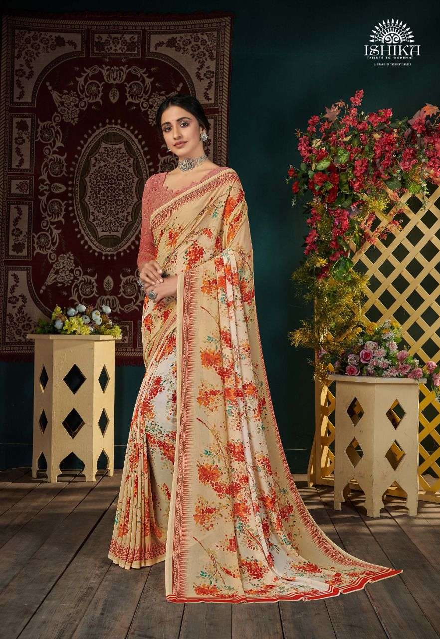 MEHREEN BY ISHIKA FASHION 8191 TO 8198 SERIES INDIAN TRADITIONAL WEAR COLLECTION BEAUTIFUL STYLISH FANCY COLORFUL PARTY WEAR & OCCASIONAL WEAR FAUX GEORGETTE SAREES AT WHOLESALE PRICE