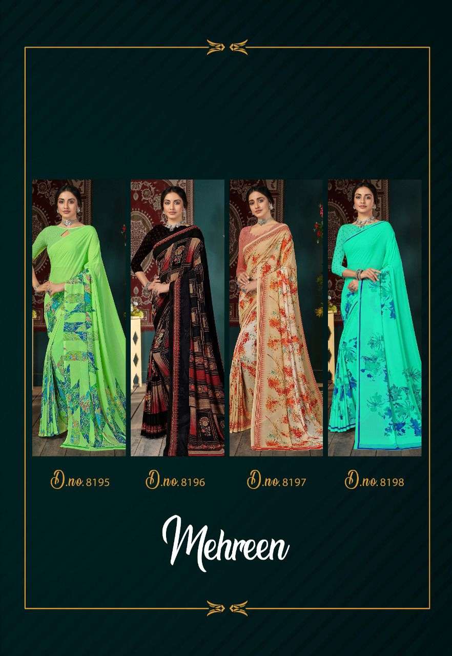 MEHREEN BY ISHIKA FASHION 8191 TO 8198 SERIES INDIAN TRADITIONAL WEAR COLLECTION BEAUTIFUL STYLISH FANCY COLORFUL PARTY WEAR & OCCASIONAL WEAR FAUX GEORGETTE SAREES AT WHOLESALE PRICE