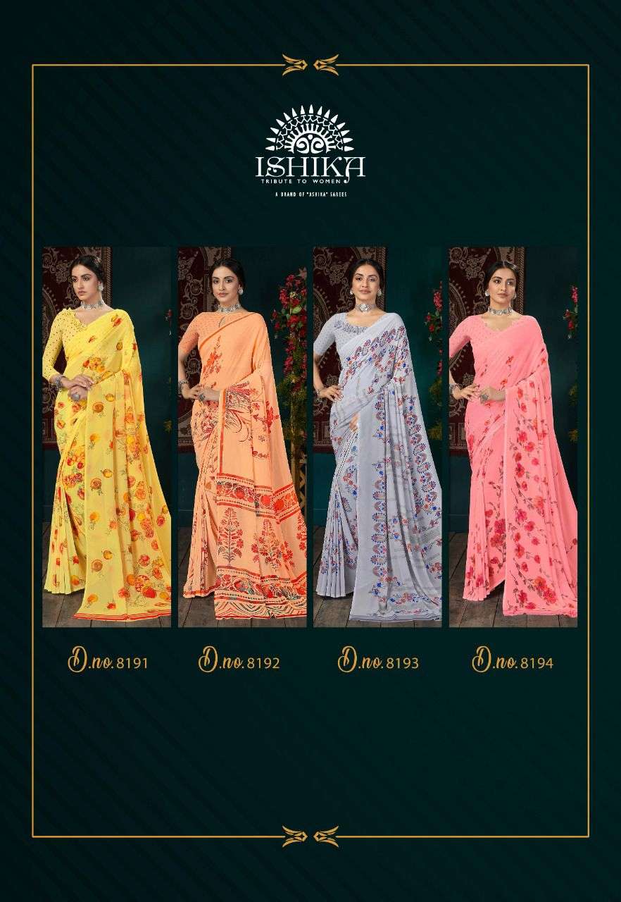 MEHREEN BY ISHIKA FASHION 8191 TO 8198 SERIES INDIAN TRADITIONAL WEAR COLLECTION BEAUTIFUL STYLISH FANCY COLORFUL PARTY WEAR & OCCASIONAL WEAR FAUX GEORGETTE SAREES AT WHOLESALE PRICE