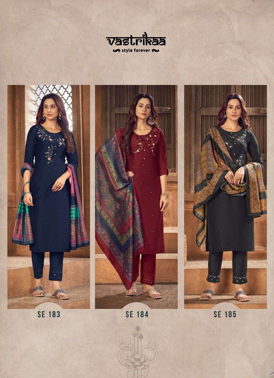 MAANYA BY VASTRIKAA 183 TO 188 SERIES BEAUTIFUL SUITS COLORFUL STYLISH FANCY CASUAL WEAR & ETHNIC WEAR CHINNON SILK DRESSES AT WHOLESALE PRICE