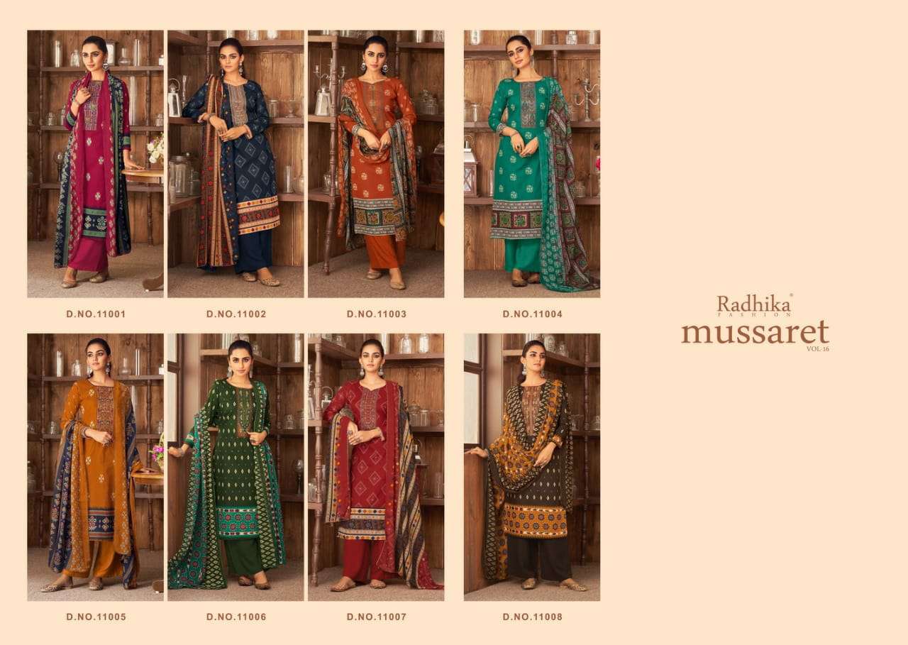 MUSSARET VOL-16 BY AZARA 11001 TO 11008 SERIES BEAUTIFUL COLORFUL STYLISH PRETTY PARTY WEAR CASUAL WEAR OCCASIONAL WEAR PURE CAMBRIC COTTON PRINT WITH EMBROIDERED DRESSES AT WHOLESALE PRICE