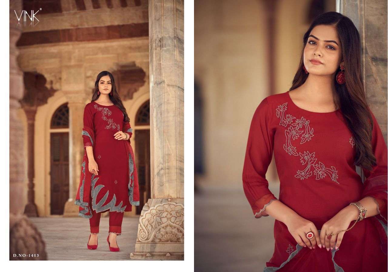 APPLIQUE BY VINK 1411 TO 1416 SERIES BEAUTIFUL SUITS COLORFUL STYLISH FANCY CASUAL WEAR & ETHNIC WEAR PURE VISCOSE DRESSES AT WHOLESALE PRICE
