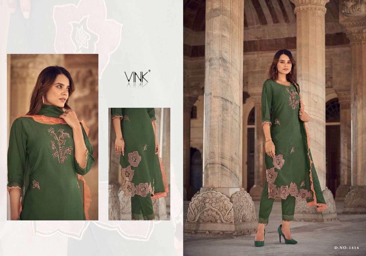APPLIQUE BY VINK 1411 TO 1416 SERIES BEAUTIFUL SUITS COLORFUL STYLISH FANCY CASUAL WEAR & ETHNIC WEAR PURE VISCOSE DRESSES AT WHOLESALE PRICE