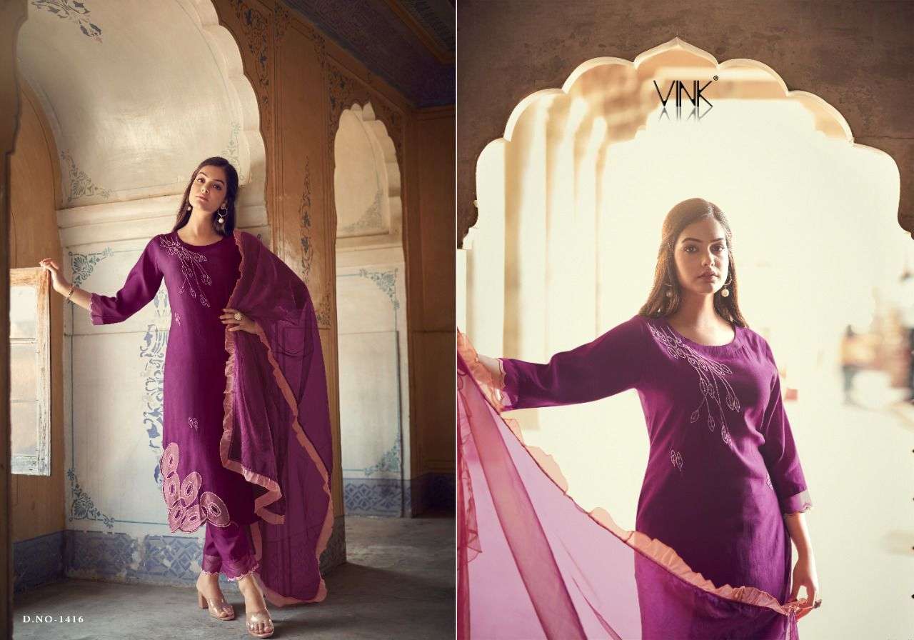 APPLIQUE BY VINK 1411 TO 1416 SERIES BEAUTIFUL SUITS COLORFUL STYLISH FANCY CASUAL WEAR & ETHNIC WEAR PURE VISCOSE DRESSES AT WHOLESALE PRICE