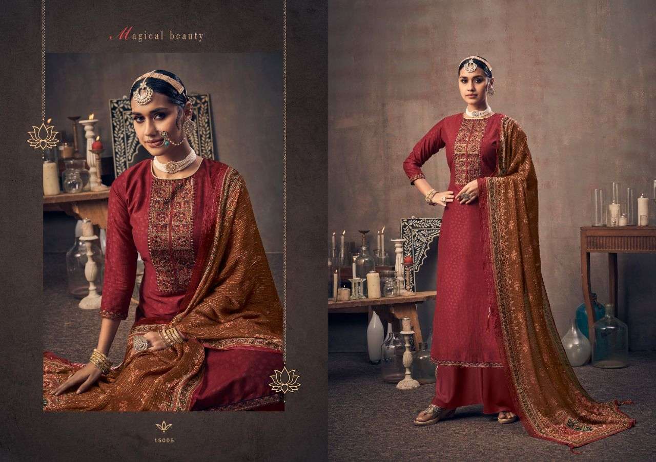 YUVIKA BY NISHANT FASHION 15001 TO 15006 SERIES BEAUTIFUL STYLISH SHARARA SUITS FANCY COLORFUL CASUAL WEAR & ETHNIC WEAR & READY TO WEAR HEAVY CHINNON SILK EMBROIDERED DRESSES AT WHOLESALE PRICE