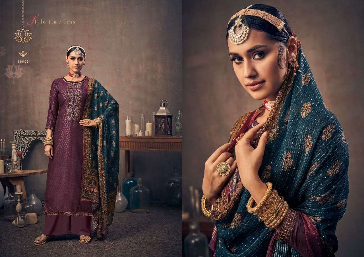 YUVIKA BY NISHANT FASHION 15001 TO 15006 SERIES BEAUTIFUL STYLISH SHARARA SUITS FANCY COLORFUL CASUAL WEAR & ETHNIC WEAR & READY TO WEAR HEAVY CHINNON SILK EMBROIDERED DRESSES AT WHOLESALE PRICE