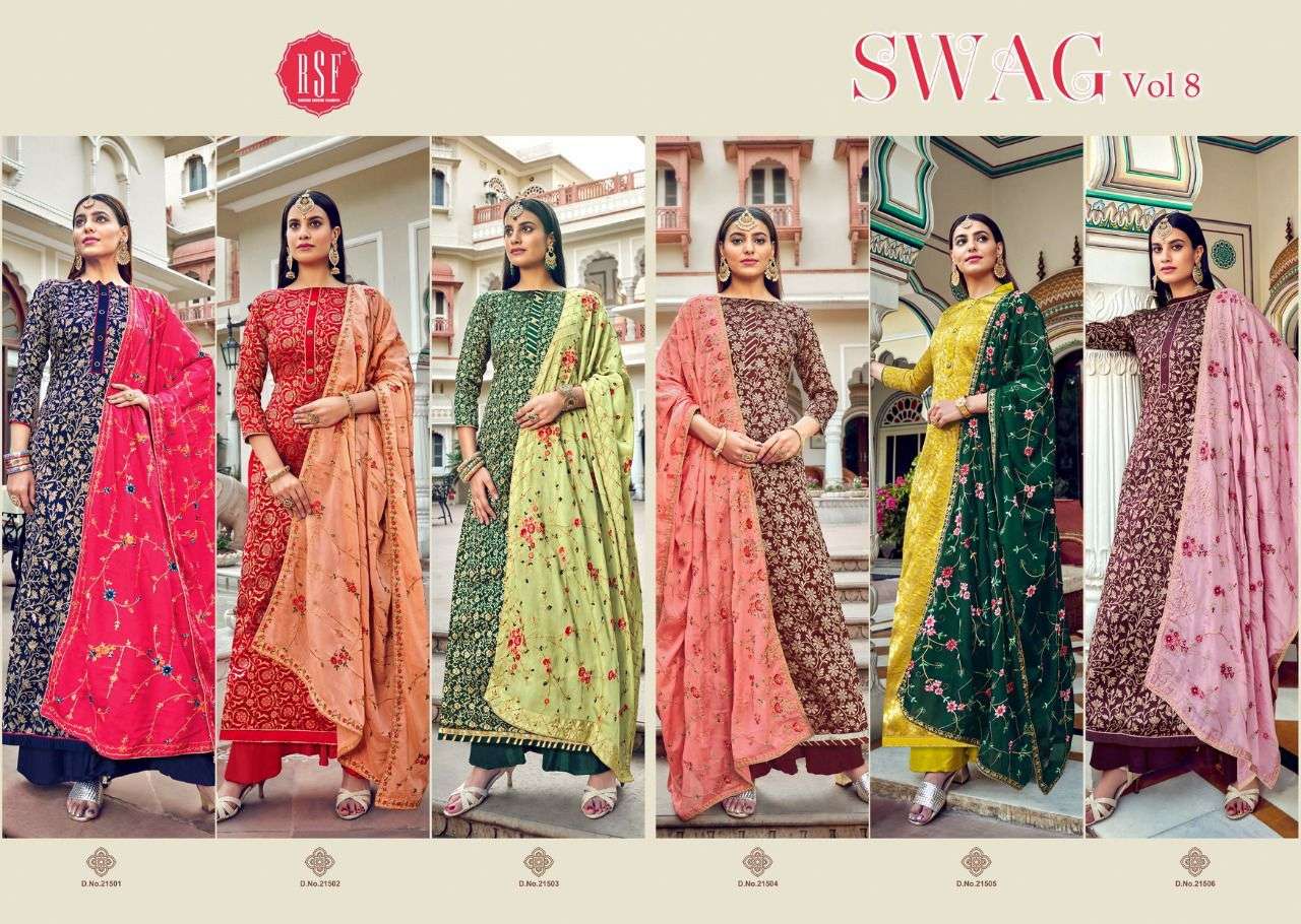 SWAG VOL-8 BY RIDDHI SIDDHI FASHION 21501 TO 21506 SERIES BEAUTIFUL STYLISH SHARARA SUITS FANCY COLORFUL CASUAL WEAR & ETHNIC WEAR & READY TO WEAR HEAVY SILK JACQAURD EMBROIDERED DRESSES AT WHOLESALE PRICE