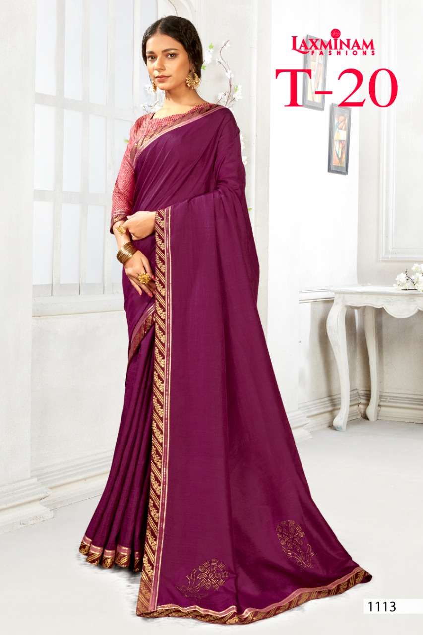 T-20 BY LAXINAM 1113 TO 1120 SERIES INDIAN TRADITIONAL WEAR COLLECTION BEAUTIFUL STYLISH FANCY COLORFUL PARTY WEAR & OCCASIONAL WEAR CHINNON GEORGETTE SAREES AT WHOLESALE PRICE