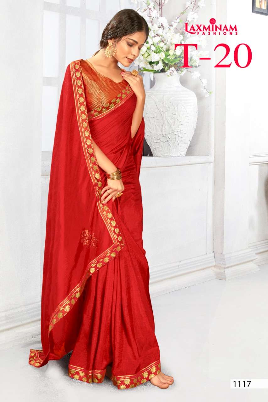T-20 BY LAXINAM 1113 TO 1120 SERIES INDIAN TRADITIONAL WEAR COLLECTION BEAUTIFUL STYLISH FANCY COLORFUL PARTY WEAR & OCCASIONAL WEAR CHINNON GEORGETTE SAREES AT WHOLESALE PRICE