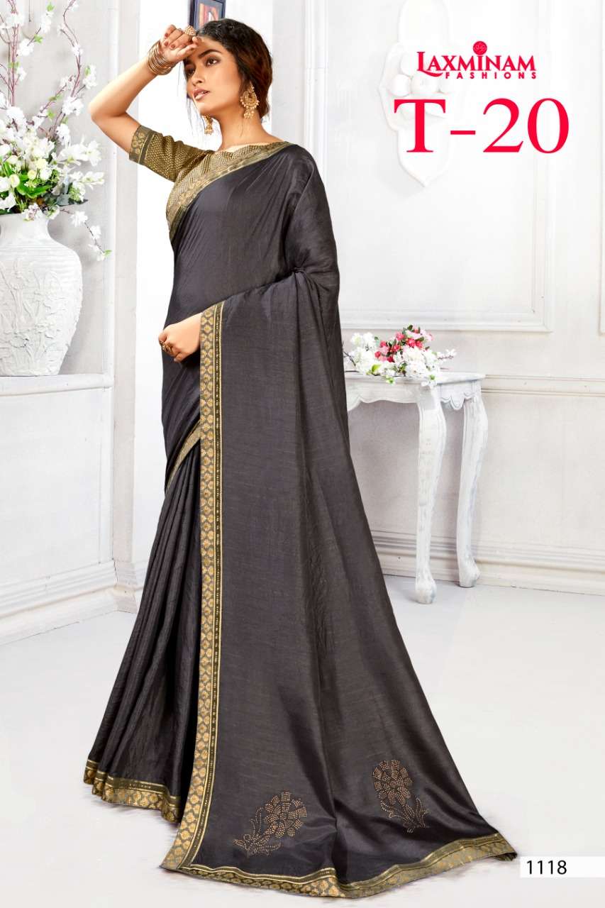 T-20 BY LAXINAM 1113 TO 1120 SERIES INDIAN TRADITIONAL WEAR COLLECTION BEAUTIFUL STYLISH FANCY COLORFUL PARTY WEAR & OCCASIONAL WEAR CHINNON GEORGETTE SAREES AT WHOLESALE PRICE