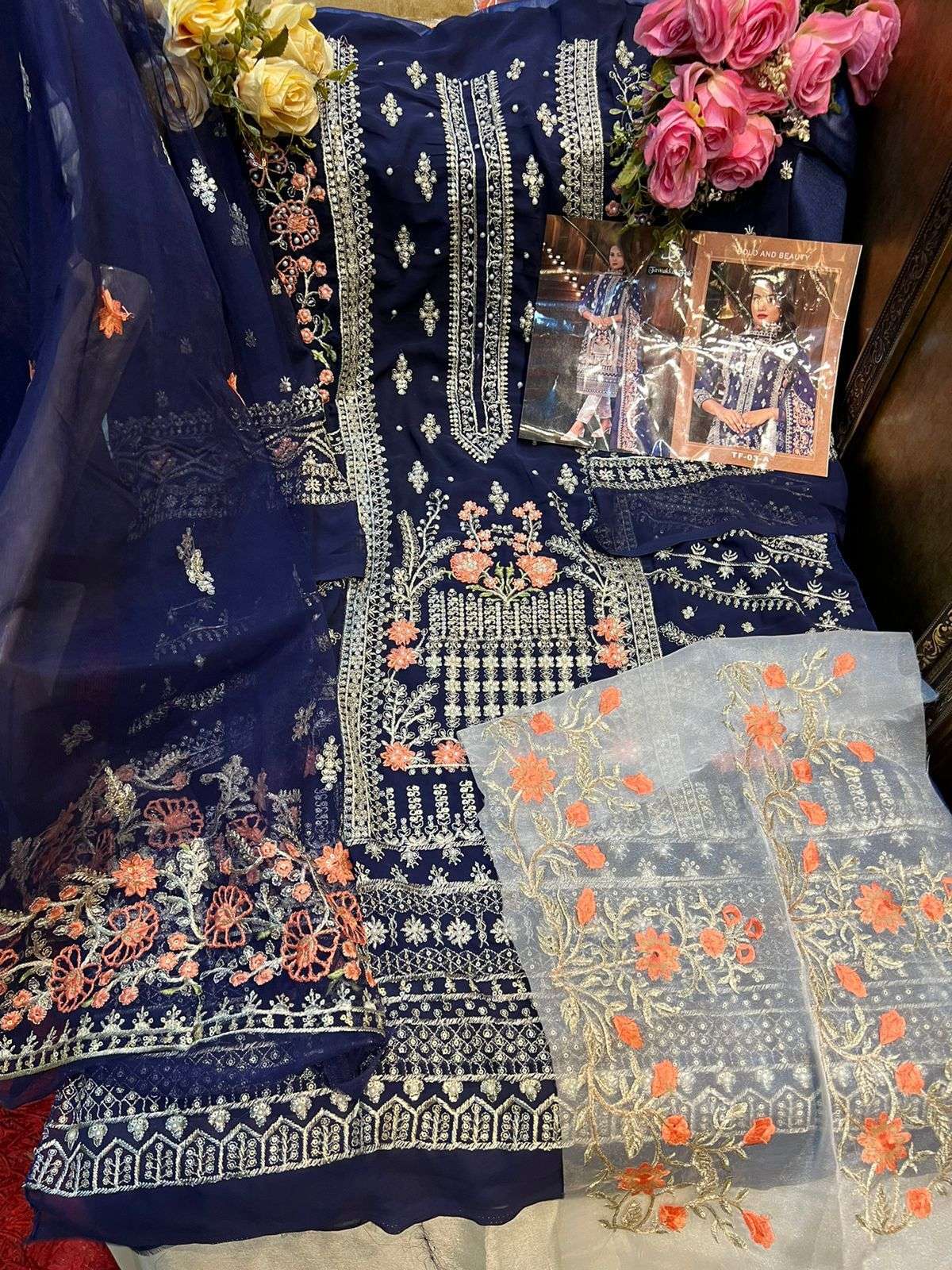 TAWAKKAL FAB HIT DESIGN 03 COOURS BY TAWAKKAL FAB 03-A TO 03-B SERIES PAKISTANI STYLISH BEAUTIFUL COLOURFUL PRINTED & EMBROIDERED PARTY WEAR & OCCASIONAL WEAR FAUX GEORGETTE EMBROIDERED DRESSES AT WHOLESALE PRICE