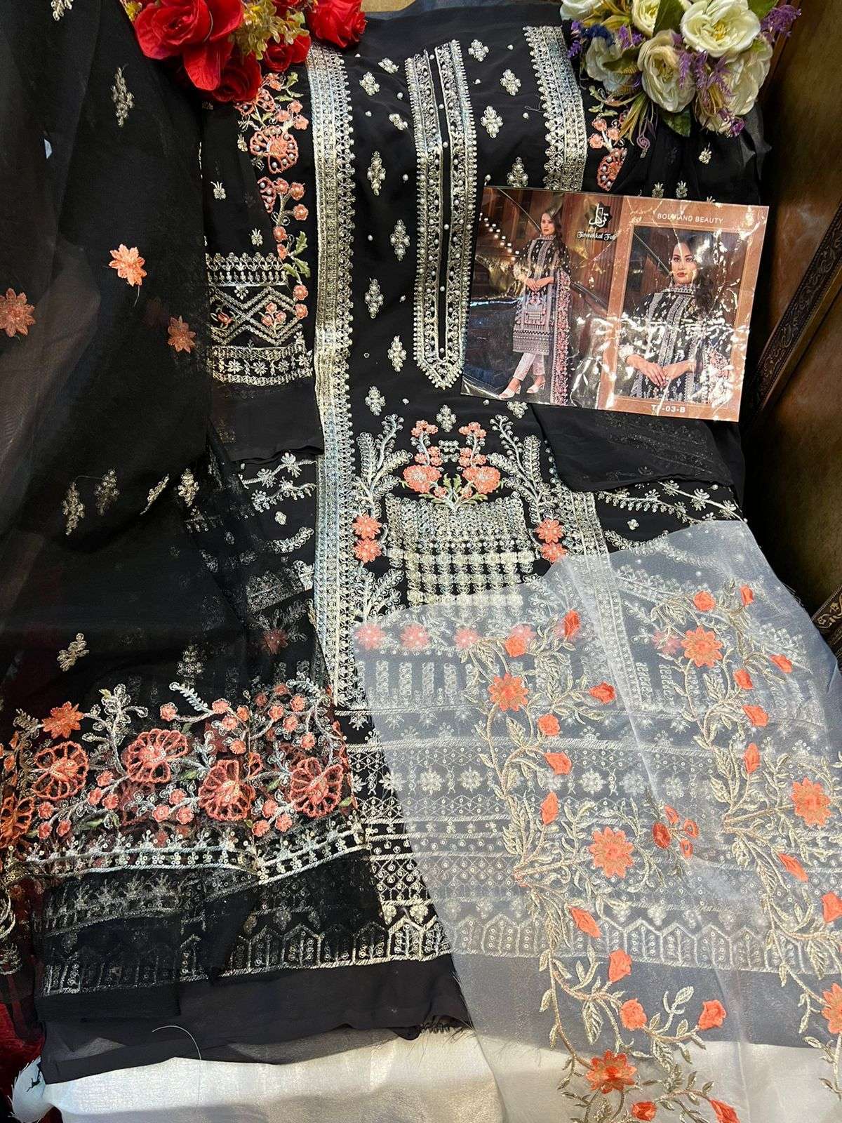TAWAKKAL FAB HIT DESIGN 03 COOURS BY TAWAKKAL FAB 03-A TO 03-B SERIES PAKISTANI STYLISH BEAUTIFUL COLOURFUL PRINTED & EMBROIDERED PARTY WEAR & OCCASIONAL WEAR FAUX GEORGETTE EMBROIDERED DRESSES AT WHOLESALE PRICE
