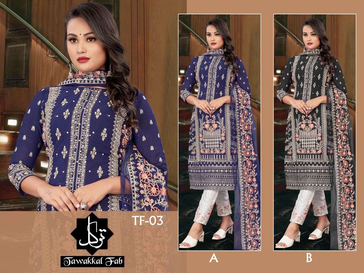 TAWAKKAL FAB HIT DESIGN 03 COOURS BY TAWAKKAL FAB 03-A TO 03-B SERIES PAKISTANI STYLISH BEAUTIFUL COLOURFUL PRINTED & EMBROIDERED PARTY WEAR & OCCASIONAL WEAR FAUX GEORGETTE EMBROIDERED DRESSES AT WHOLESALE PRICE