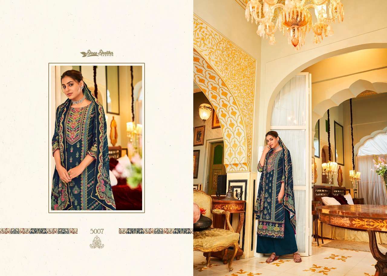 RAABTA BY SHREE SHALIKA FASHION 5001 TO 5008 SERIES BEAUTIFUL STYLISH SUITS FANCY COLORFUL CASUAL WEAR & ETHNIC WEAR & READY TO WEAR PURE MUSLIN DIGITAL PRINT WITH WORK DRESSES AT WHOLESALE PRICE