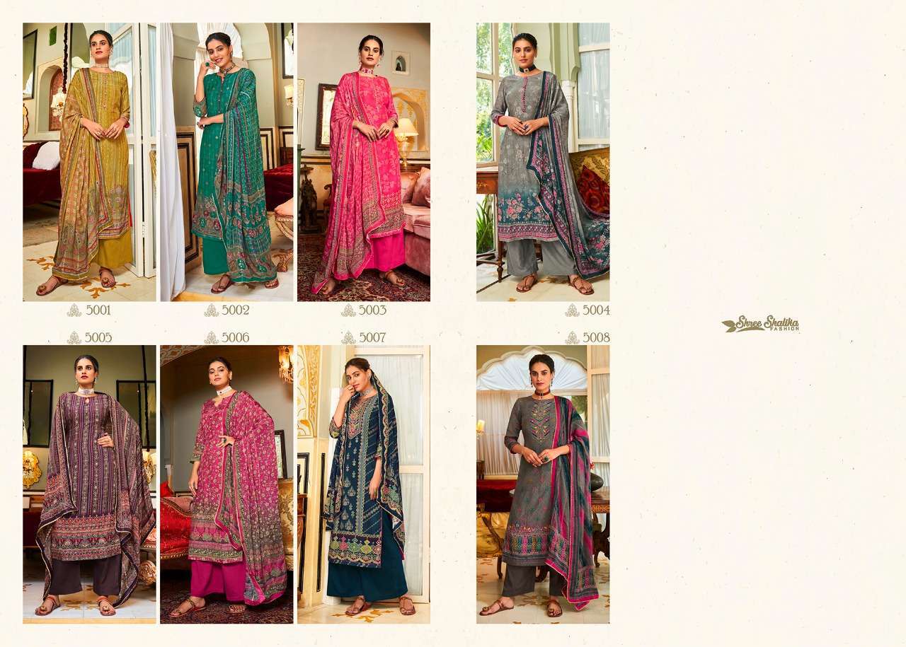 RAABTA BY SHREE SHALIKA FASHION 5001 TO 5008 SERIES BEAUTIFUL STYLISH SUITS FANCY COLORFUL CASUAL WEAR & ETHNIC WEAR & READY TO WEAR PURE MUSLIN DIGITAL PRINT WITH WORK DRESSES AT WHOLESALE PRICE