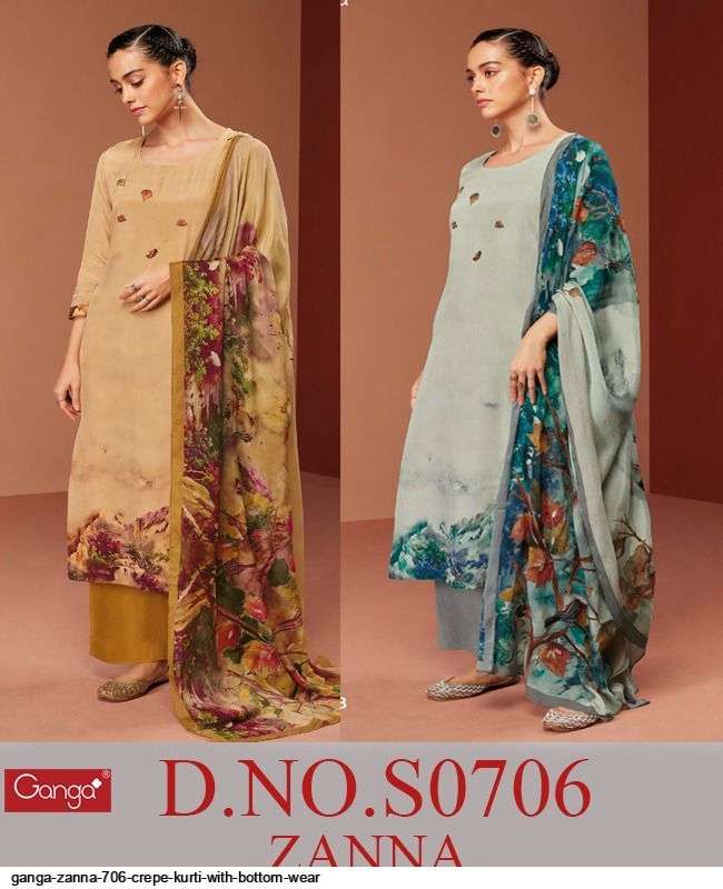 ZANNA-706 BY GANGA FASHION 706-A TO 706-B SERIES BEAUTIFUL SUITS COLORFUL STYLISH FANCY CASUAL WEAR & ETHNIC WEAR PREMIUM BEMBERG CREPE DRESSES AT WHOLESALE PRICE