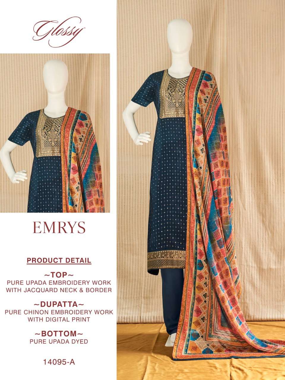 EMRYS BY GLOSSY 14095-A TO 14095-C SERIES FESTIVE SUITS COLLECTION BEAUTIFUL STYLISH FANCY COLORFUL PARTY WEAR & OCCASIONAL WEAR PURE UPADA EMBROIDERED DRESSES AT WHOLESALE PRICE