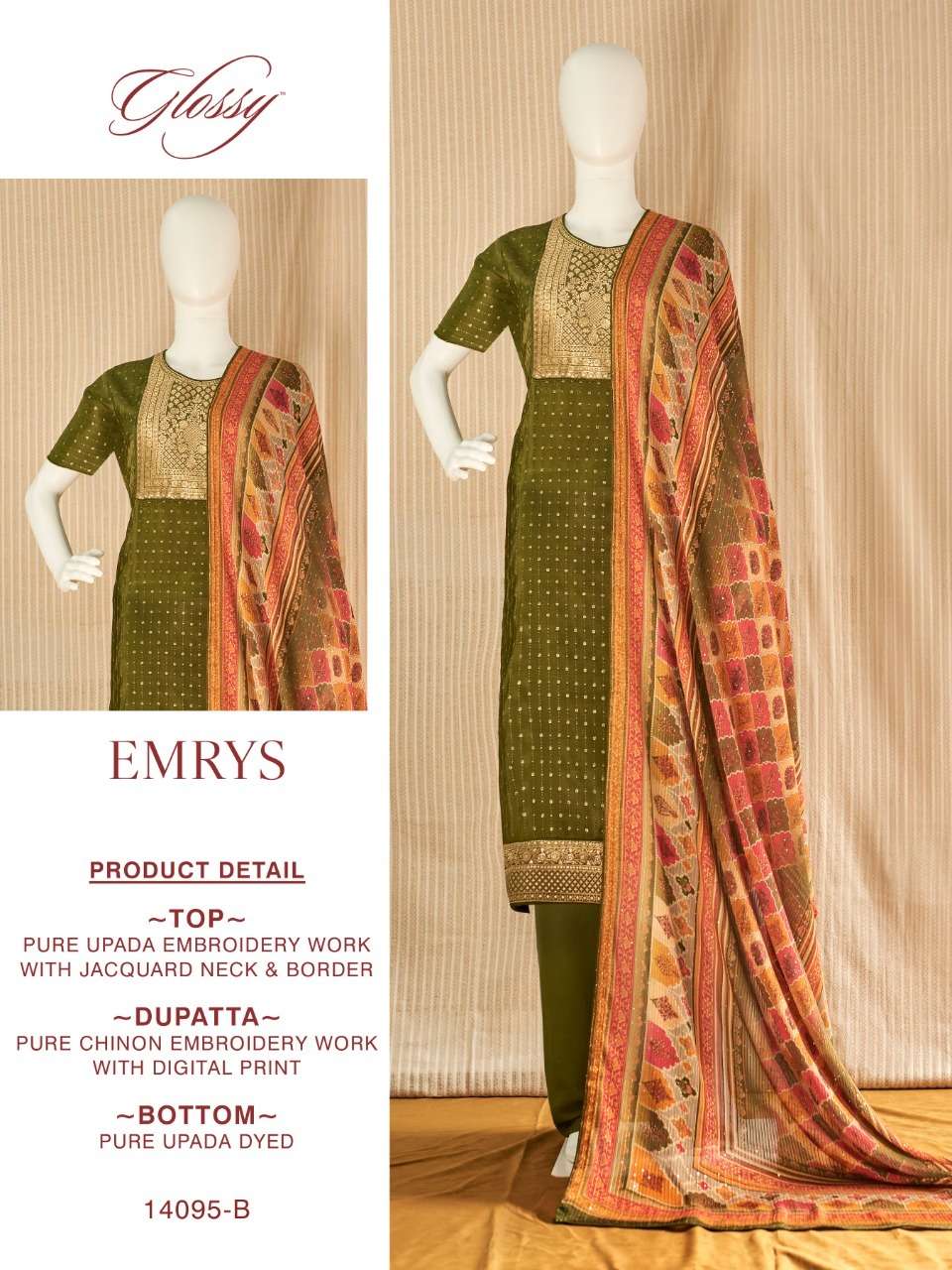 EMRYS BY GLOSSY 14095-A TO 14095-C SERIES FESTIVE SUITS COLLECTION BEAUTIFUL STYLISH FANCY COLORFUL PARTY WEAR & OCCASIONAL WEAR PURE UPADA EMBROIDERED DRESSES AT WHOLESALE PRICE