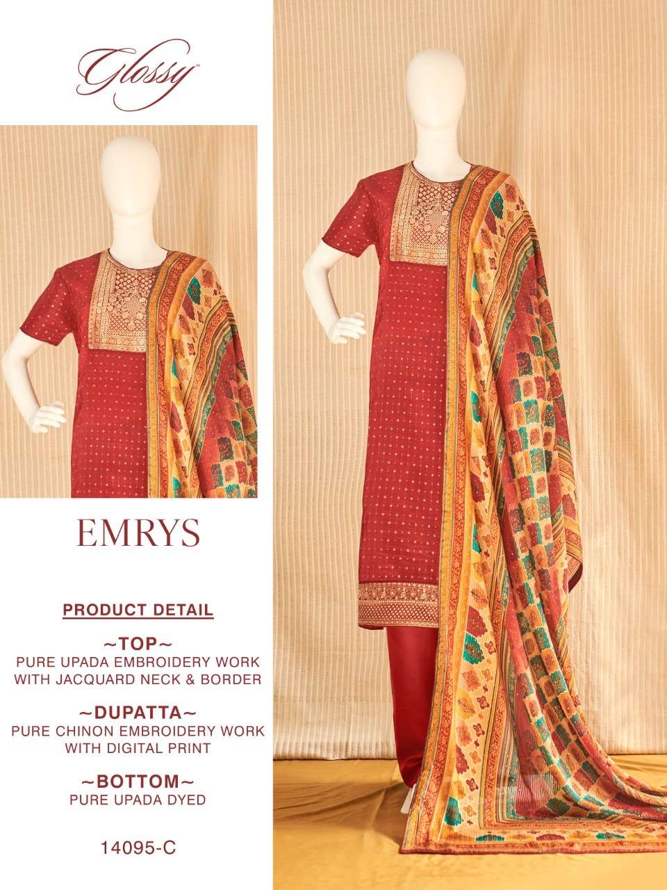 EMRYS BY GLOSSY 14095-A TO 14095-C SERIES FESTIVE SUITS COLLECTION BEAUTIFUL STYLISH FANCY COLORFUL PARTY WEAR & OCCASIONAL WEAR PURE UPADA EMBROIDERED DRESSES AT WHOLESALE PRICE