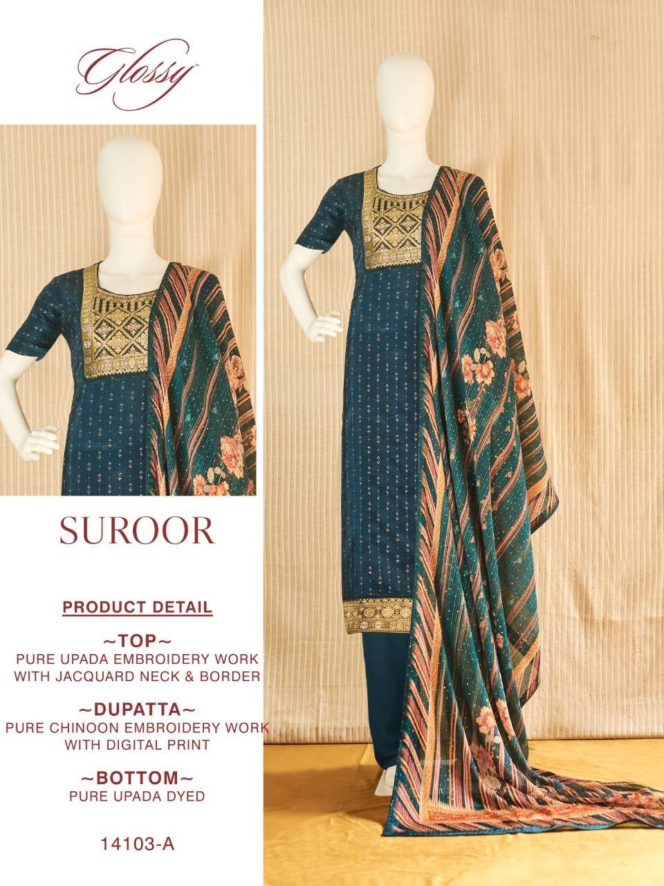 SUROOR BY GLOSSY 14013-A TO 14013-C SERIES FESTIVE SUITS COLLECTION BEAUTIFUL STYLISH FANCY COLORFUL PARTY WEAR & OCCASIONAL WEAR PURE UPADA EMBROIDERED DRESSES AT WHOLESALE PRICE