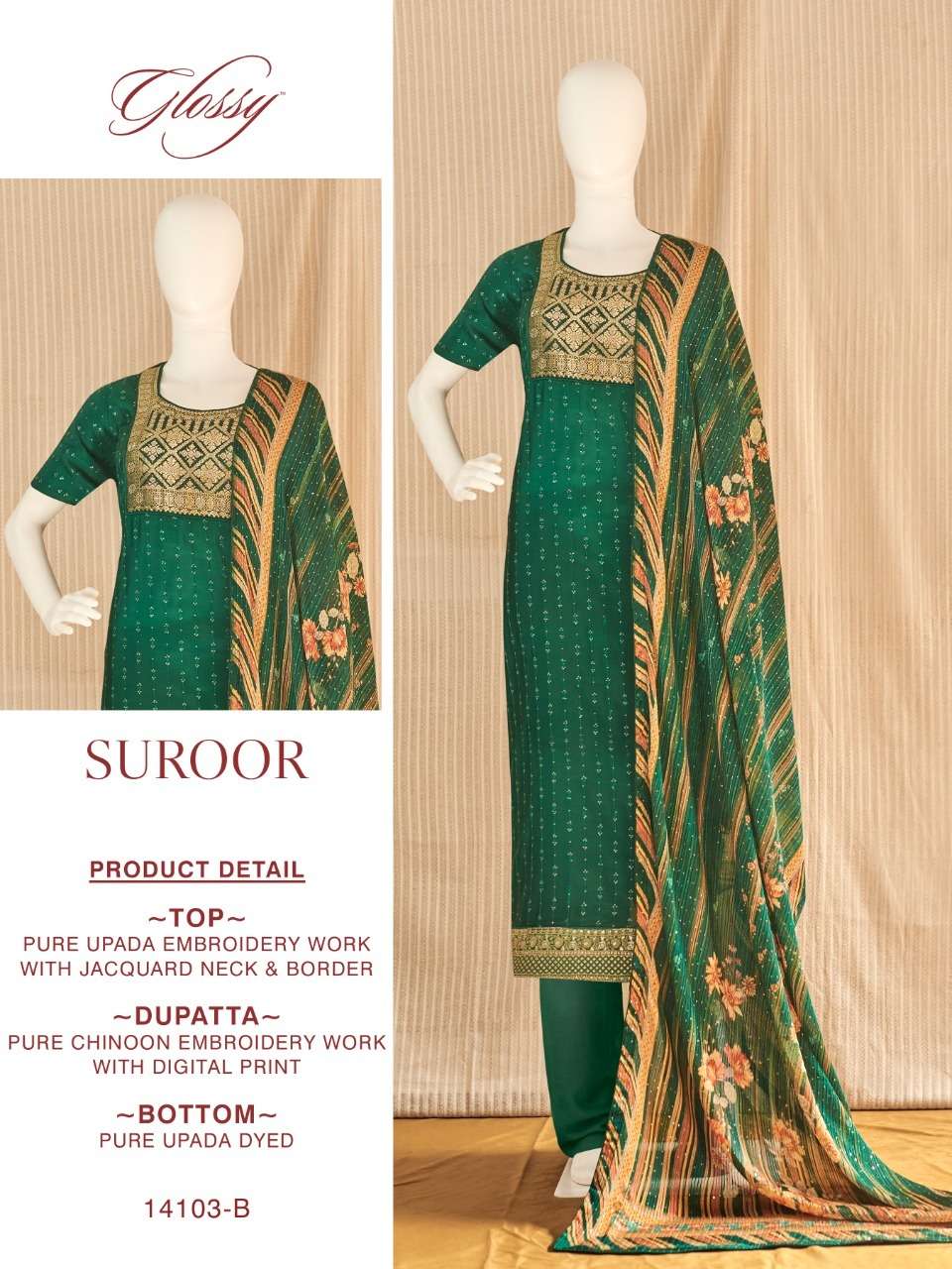 SUROOR BY GLOSSY 14013-A TO 14013-C SERIES FESTIVE SUITS COLLECTION BEAUTIFUL STYLISH FANCY COLORFUL PARTY WEAR & OCCASIONAL WEAR PURE UPADA EMBROIDERED DRESSES AT WHOLESALE PRICE