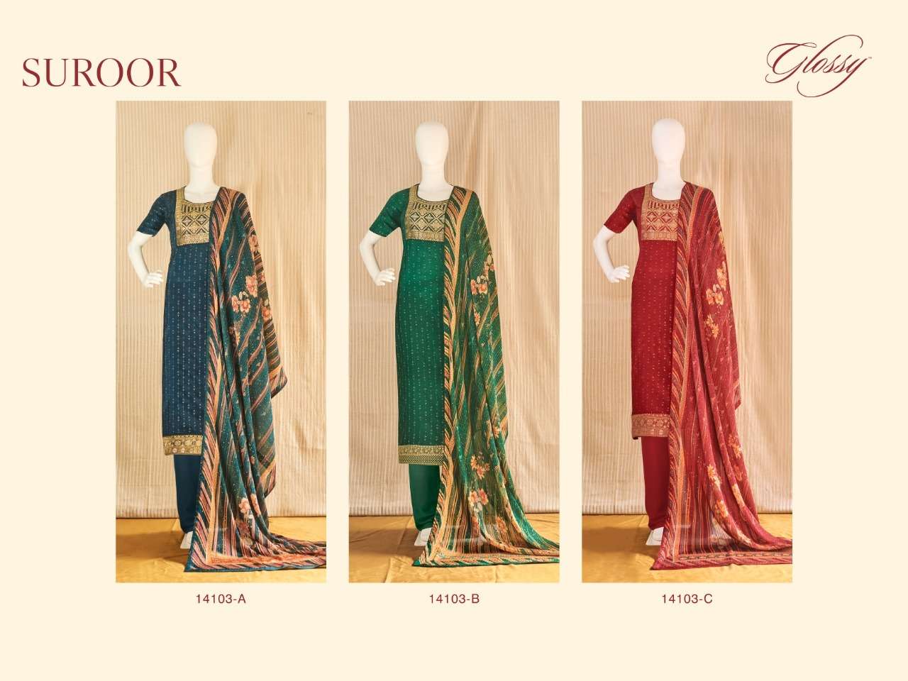 SUROOR BY GLOSSY 14013-A TO 14013-C SERIES FESTIVE SUITS COLLECTION BEAUTIFUL STYLISH FANCY COLORFUL PARTY WEAR & OCCASIONAL WEAR PURE UPADA EMBROIDERED DRESSES AT WHOLESALE PRICE
