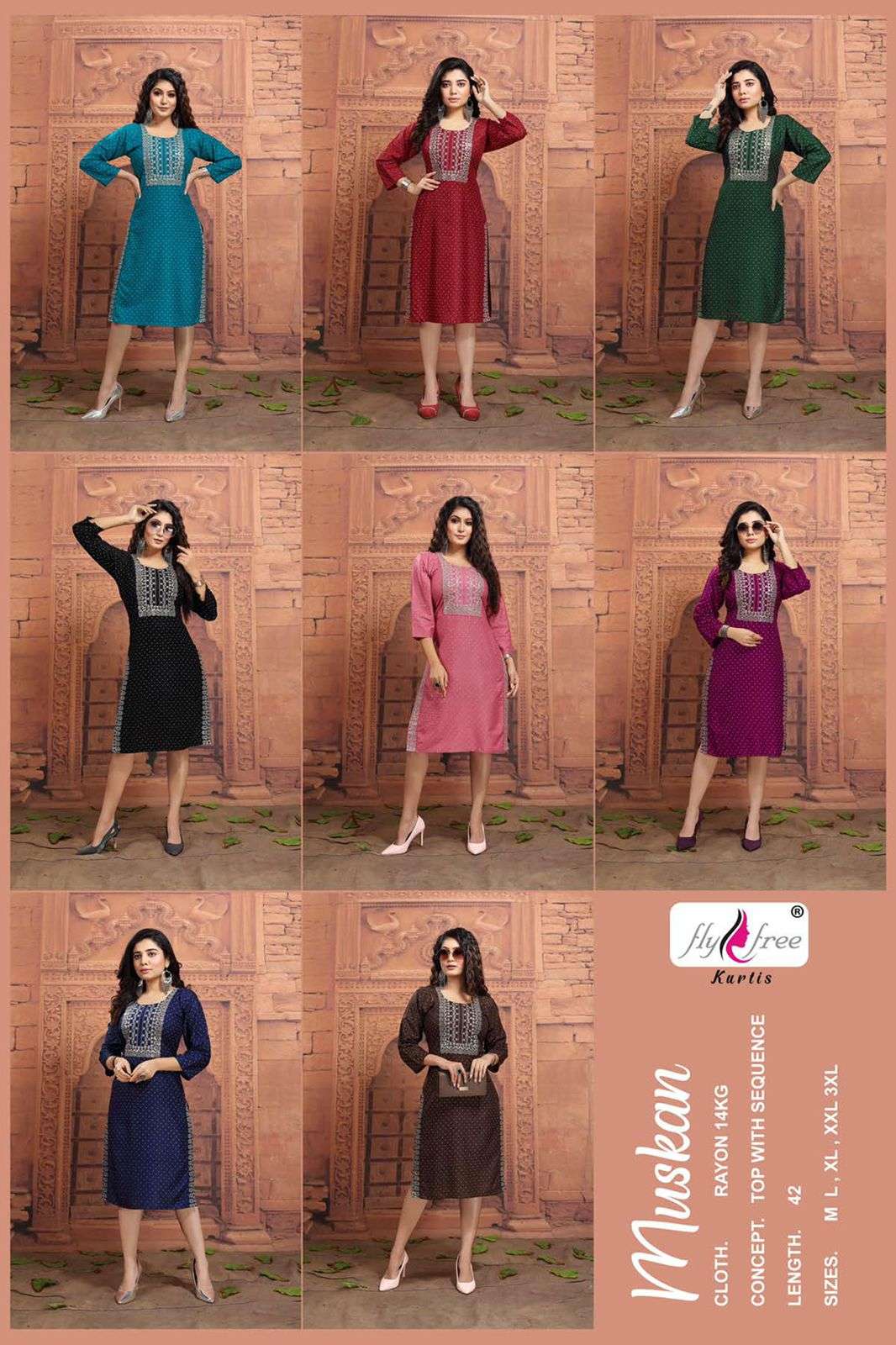 MUSKAN BY FLY FREE 1001 TO 1008 SERIES DESIGNER STYLISH FANCY COLORFUL BEAUTIFUL PARTY WEAR & ETHNIC WEAR COLLECTION RAYON EMBROIDERY KURTIS AT WHOLESALE PRICE