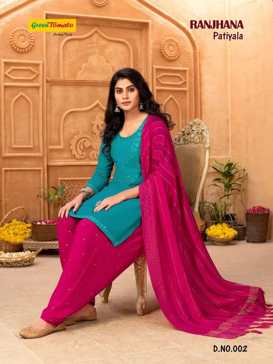 RANJHANA PATIYALA BY GREEN TOMATO 001 TO 008 SERIES BEAUTIFUL PATIYALA SUITS COLORFUL STYLISH FANCY CASUAL WEAR & ETHNIC WEAR HEAVY RAYON DRESSES AT WHOLESALE PRICE