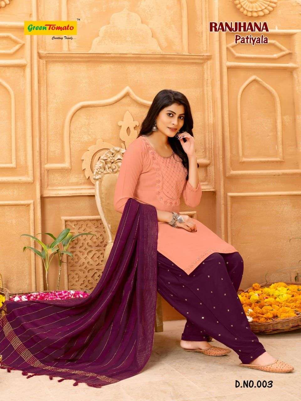 RANJHANA PATIYALA BY GREEN TOMATO 001 TO 008 SERIES BEAUTIFUL PATIYALA SUITS COLORFUL STYLISH FANCY CASUAL WEAR & ETHNIC WEAR HEAVY RAYON DRESSES AT WHOLESALE PRICE