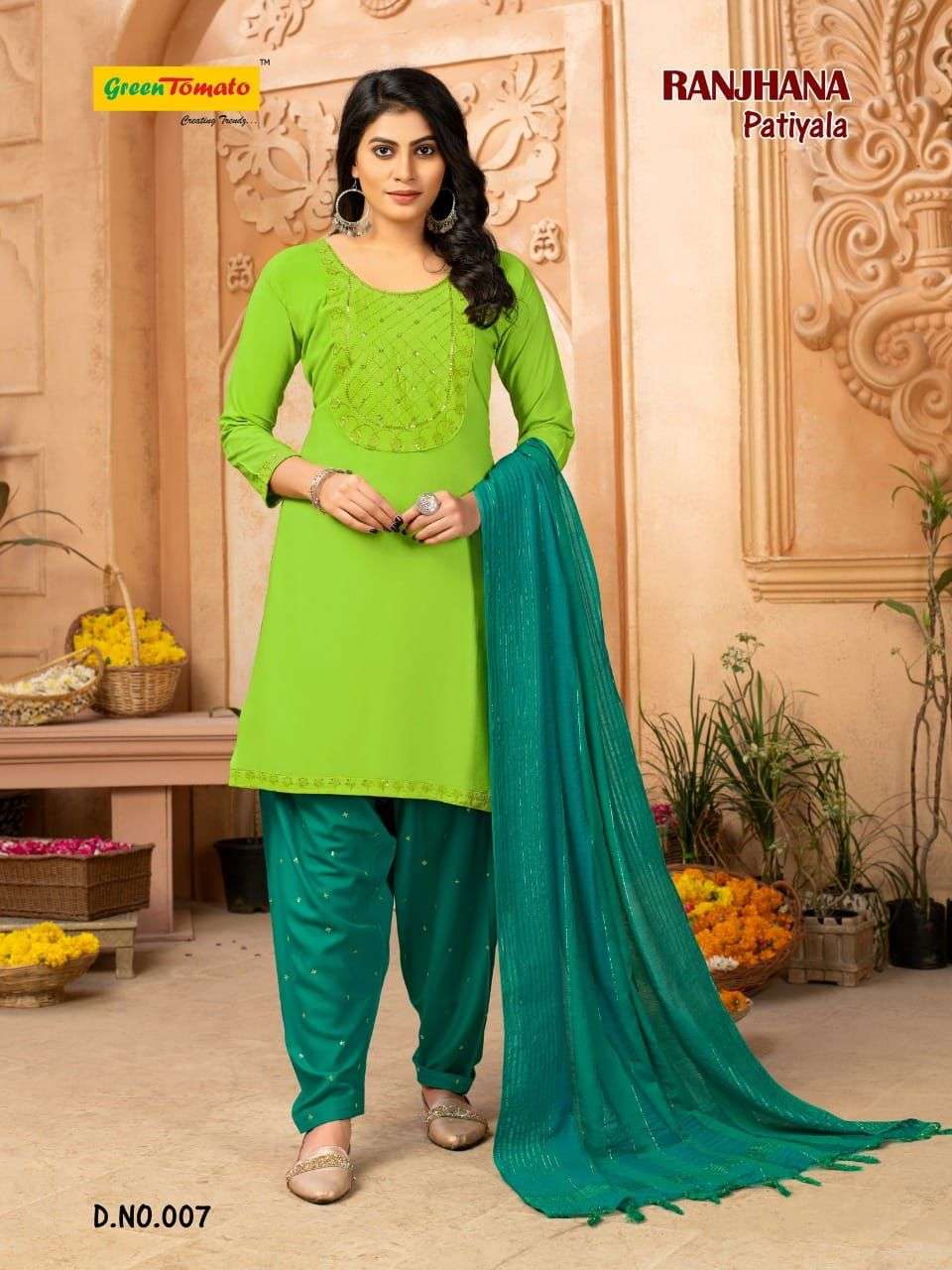 RANJHANA PATIYALA BY GREEN TOMATO 001 TO 008 SERIES BEAUTIFUL PATIYALA SUITS COLORFUL STYLISH FANCY CASUAL WEAR & ETHNIC WEAR HEAVY RAYON DRESSES AT WHOLESALE PRICE
