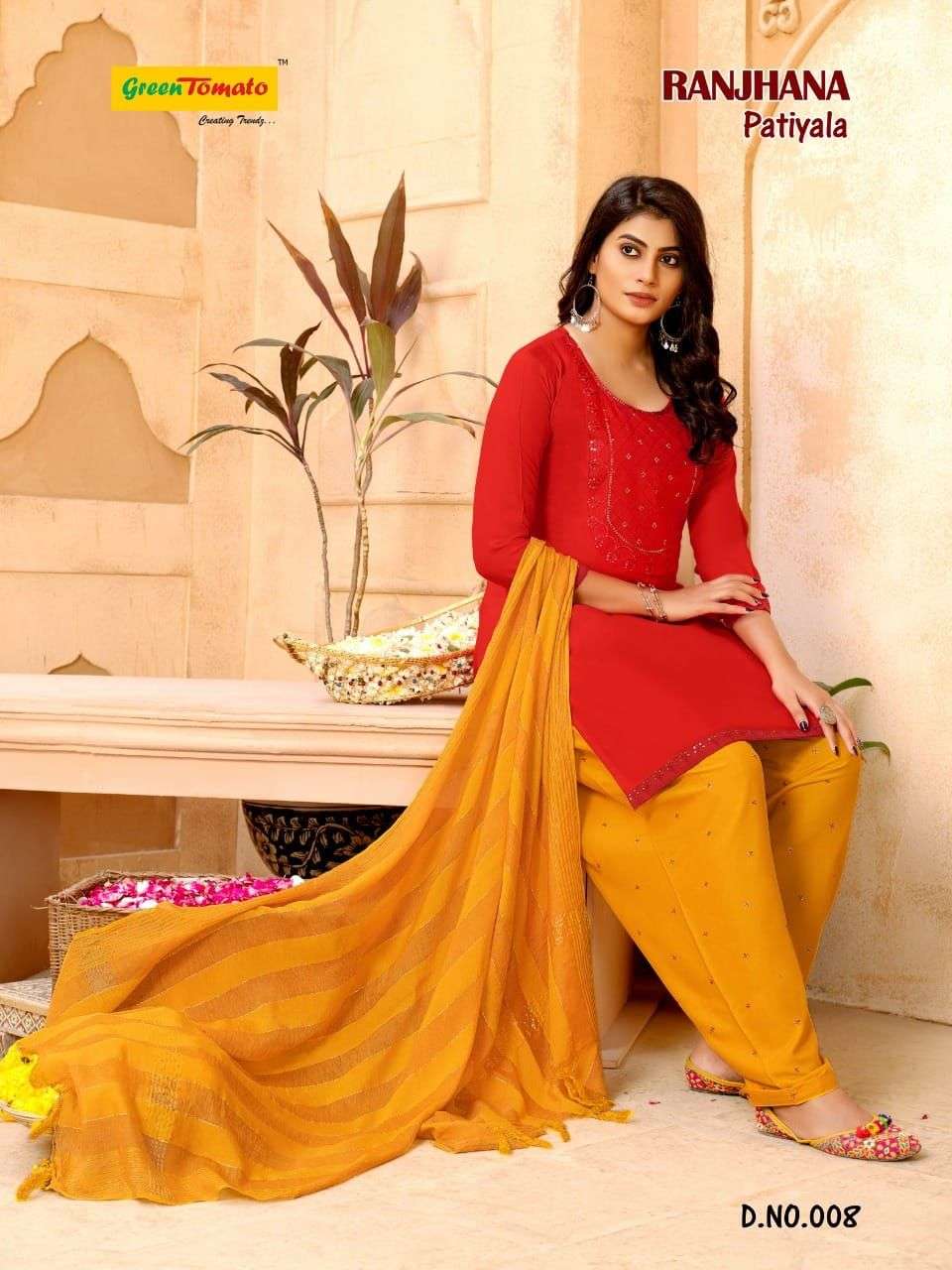 RANJHANA PATIYALA BY GREEN TOMATO 001 TO 008 SERIES BEAUTIFUL PATIYALA SUITS COLORFUL STYLISH FANCY CASUAL WEAR & ETHNIC WEAR HEAVY RAYON DRESSES AT WHOLESALE PRICE