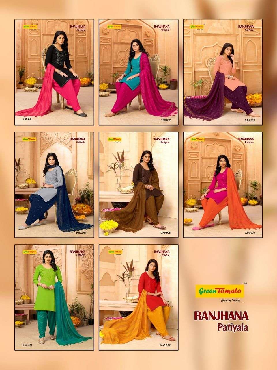 RANJHANA PATIYALA BY GREEN TOMATO 001 TO 008 SERIES BEAUTIFUL PATIYALA SUITS COLORFUL STYLISH FANCY CASUAL WEAR & ETHNIC WEAR HEAVY RAYON DRESSES AT WHOLESALE PRICE