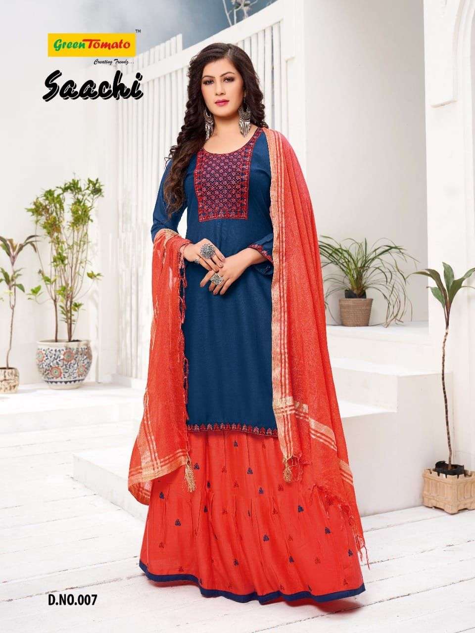 SAACHI BY GREEN TOMATO 001 TO 008 SERIES BEAUTIFUL PATIYALA SUITS COLORFUL STYLISH FANCY CASUAL WEAR & ETHNIC WEAR HEAVY RAYON DRESSES AT WHOLESALE PRICE