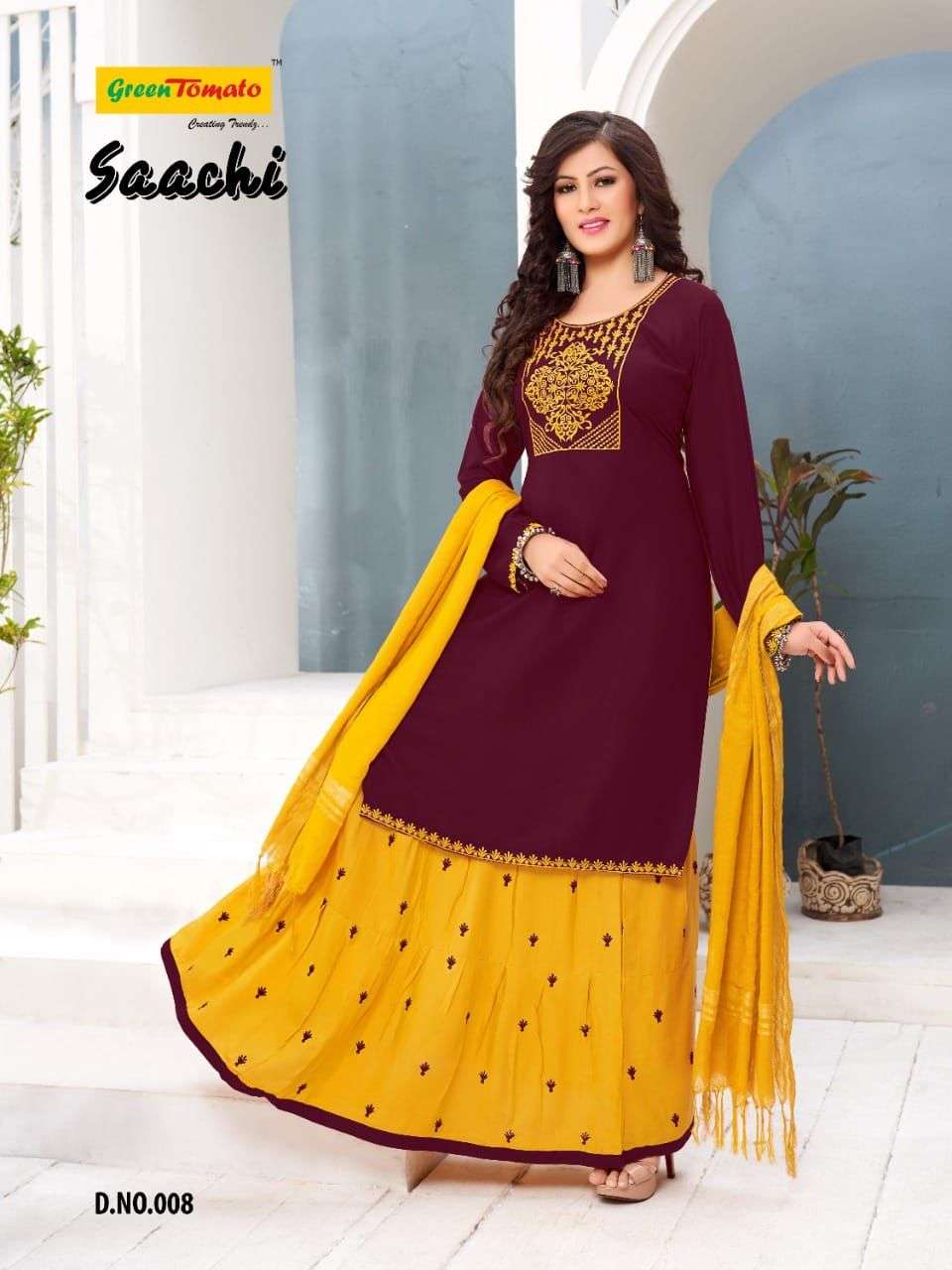 SAACHI BY GREEN TOMATO 001 TO 008 SERIES BEAUTIFUL PATIYALA SUITS COLORFUL STYLISH FANCY CASUAL WEAR & ETHNIC WEAR HEAVY RAYON DRESSES AT WHOLESALE PRICE