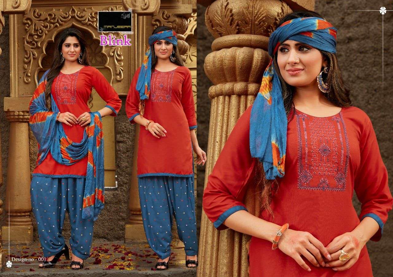 BLINK BY MANJEERA 001 TO 008 SERIES BEAUTIFUL PATIYALA SUITS COLORFUL STYLISH FANCY CASUAL WEAR & ETHNIC WEAR RAYON WITH WORK DRESSES AT WHOLESALE PRICE