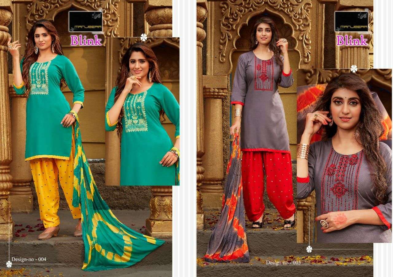 BLINK BY MANJEERA 001 TO 008 SERIES BEAUTIFUL PATIYALA SUITS COLORFUL STYLISH FANCY CASUAL WEAR & ETHNIC WEAR RAYON WITH WORK DRESSES AT WHOLESALE PRICE