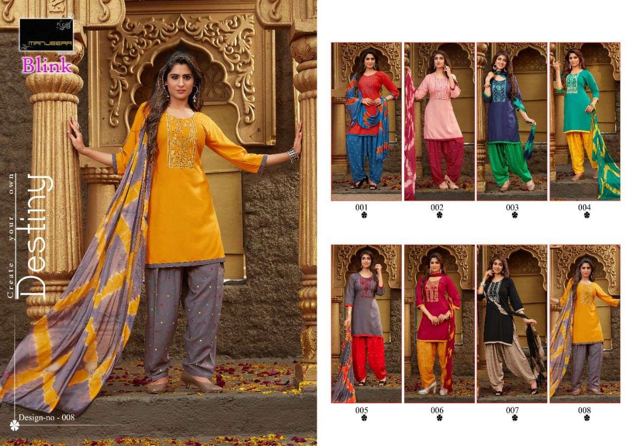 BLINK BY MANJEERA 001 TO 008 SERIES BEAUTIFUL PATIYALA SUITS COLORFUL STYLISH FANCY CASUAL WEAR & ETHNIC WEAR RAYON WITH WORK DRESSES AT WHOLESALE PRICE