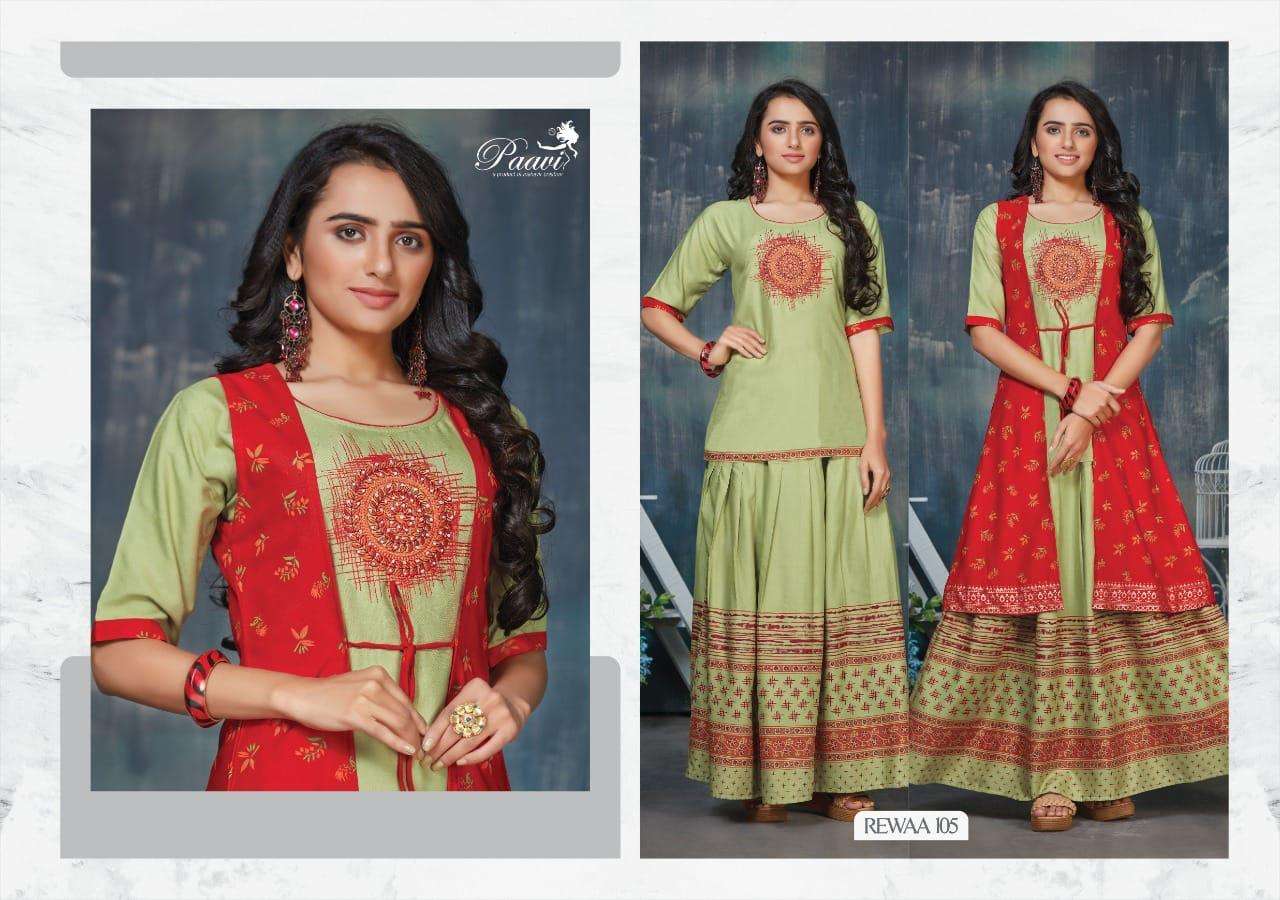 REWAA BY PAAVI 101 TO 108 SERIES DESIGNER STYLISH FANCY COLORFUL BEAUTIFUL PARTY WEAR & ETHNIC WEAR COLLECTION RAYON PRINT TOPS WITH BOTTOM AT WHOLESALE PRICE