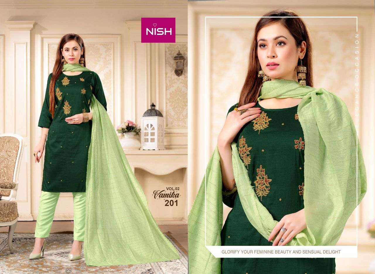 VAMIKA VOL-2 BY NISH 201 TO 206 SERIES BEAUTIFUL SUITS COLORFUL STYLISH FANCY CASUAL WEAR & ETHNIC WEAR CHINNON WITH WORK DRESSES AT WHOLESALE PRICE