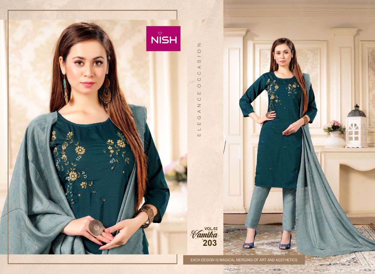 VAMIKA VOL-2 BY NISH 201 TO 206 SERIES BEAUTIFUL SUITS COLORFUL STYLISH FANCY CASUAL WEAR & ETHNIC WEAR CHINNON WITH WORK DRESSES AT WHOLESALE PRICE