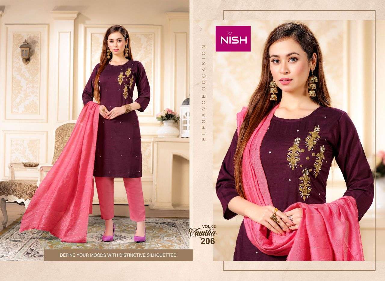VAMIKA VOL-2 BY NISH 201 TO 206 SERIES BEAUTIFUL SUITS COLORFUL STYLISH FANCY CASUAL WEAR & ETHNIC WEAR CHINNON WITH WORK DRESSES AT WHOLESALE PRICE