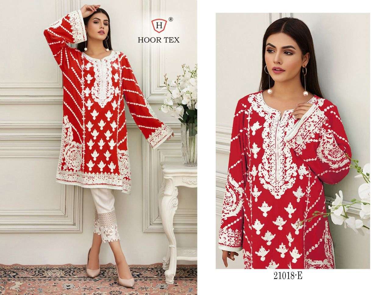 HOOR TEX 21018 COLOURS BY HOOR TEX 21018 TO 21018-E SERIES DESIGNER ANARKALI SUITS COLLECTION BEAUTIFUL STYLISH FANCY COLORFUL PARTY WEAR & OCCASIONAL WEAR HEAVY COTTON EMBROIDERED DRESSES AT WHOLESALE PRICE