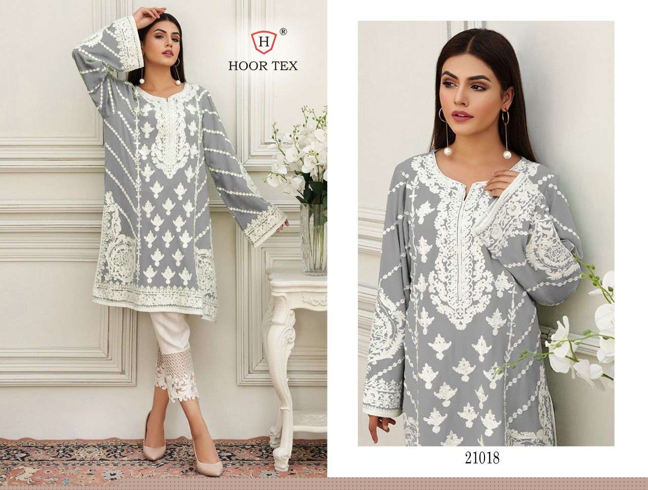 HOOR TEX 21018 COLOURS BY HOOR TEX 21018 TO 21018-E SERIES DESIGNER ANARKALI SUITS COLLECTION BEAUTIFUL STYLISH FANCY COLORFUL PARTY WEAR & OCCASIONAL WEAR HEAVY COTTON EMBROIDERED DRESSES AT WHOLESALE PRICE