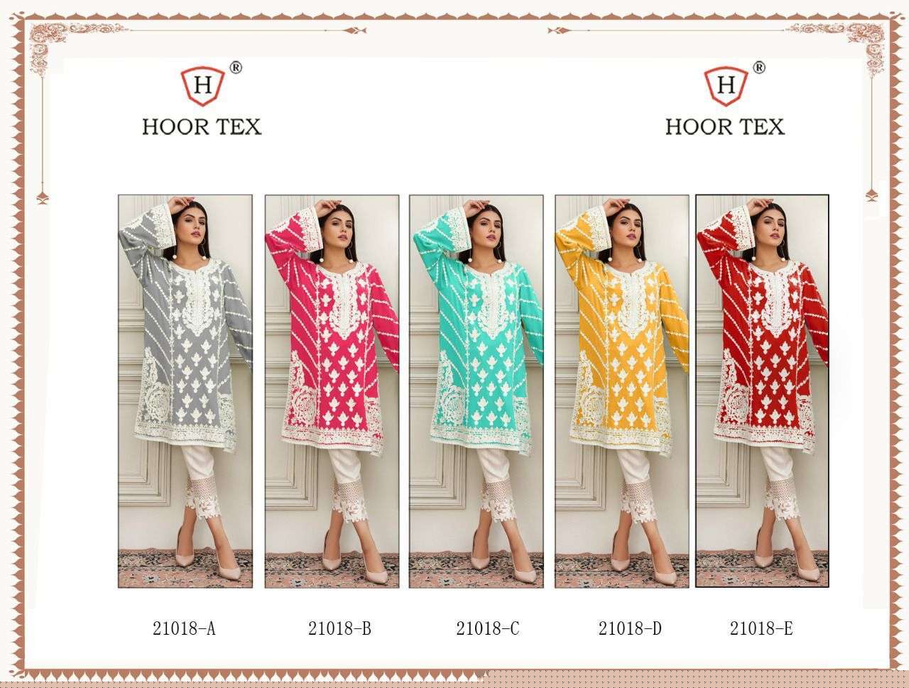 HOOR TEX 21018 COLOURS BY HOOR TEX 21018 TO 21018-E SERIES DESIGNER ANARKALI SUITS COLLECTION BEAUTIFUL STYLISH FANCY COLORFUL PARTY WEAR & OCCASIONAL WEAR HEAVY COTTON EMBROIDERED DRESSES AT WHOLESALE PRICE